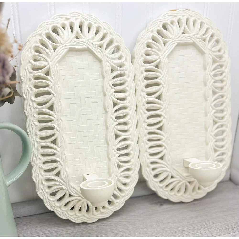 Vintage Faux Wicker Sconce Candleholder Set: Boho Wall‎ Decor